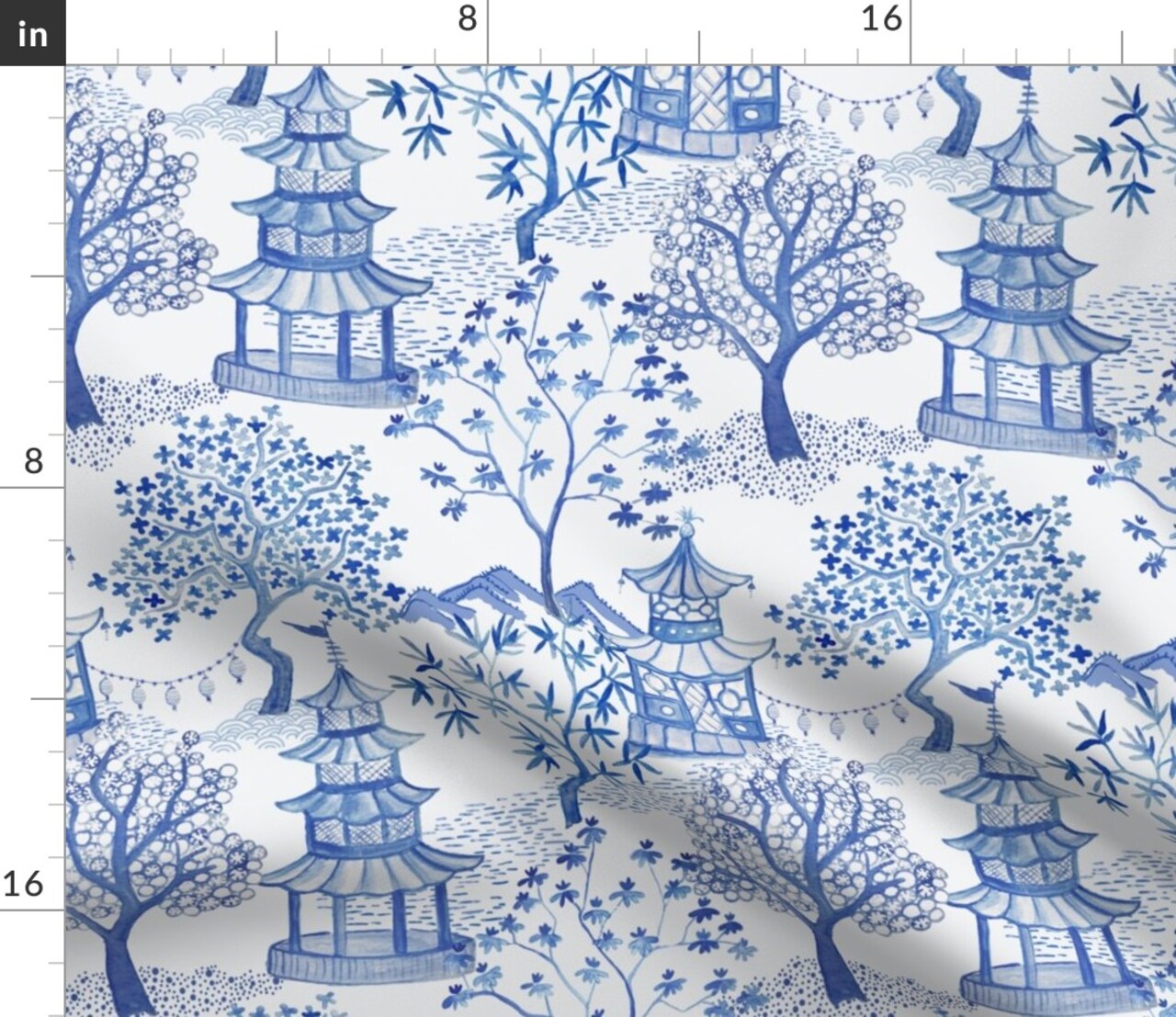 Chinoiserie Blue White Toile Pagoda Landscape And Asian Art Custom Printed Fabric by Spoonflower Various Fabrics by the Yard or Fat Quarter
